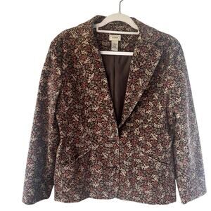 LL Bean Womens Brown Floral Corduroy Jacket Blazer 12 PET Granny Cottagecore